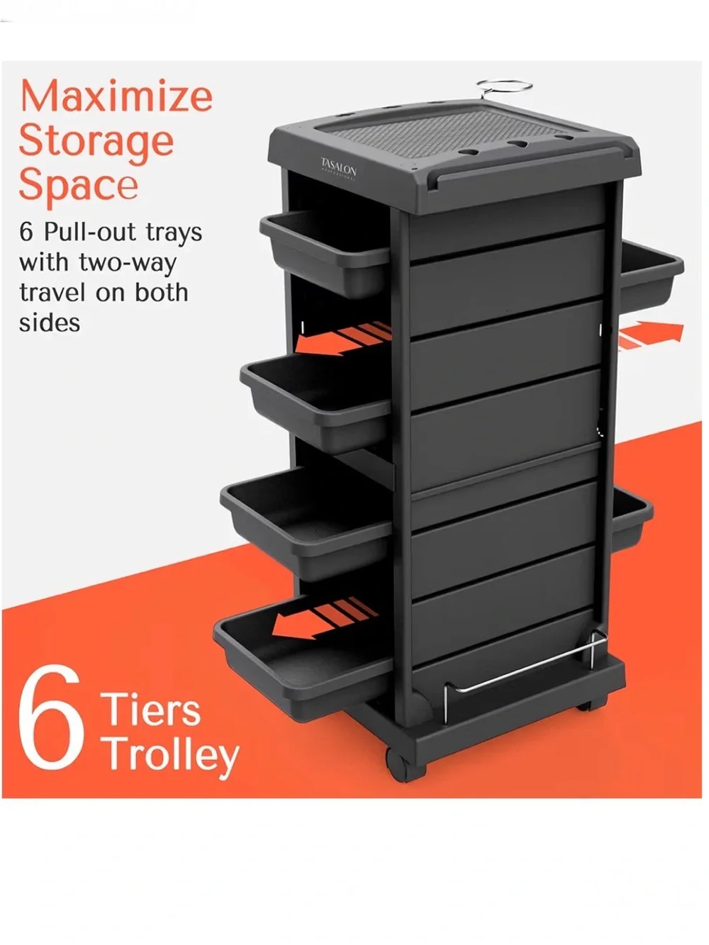 Tasalon Black Rolling Storage Salon💇‍♀️Cart with Removable Trays